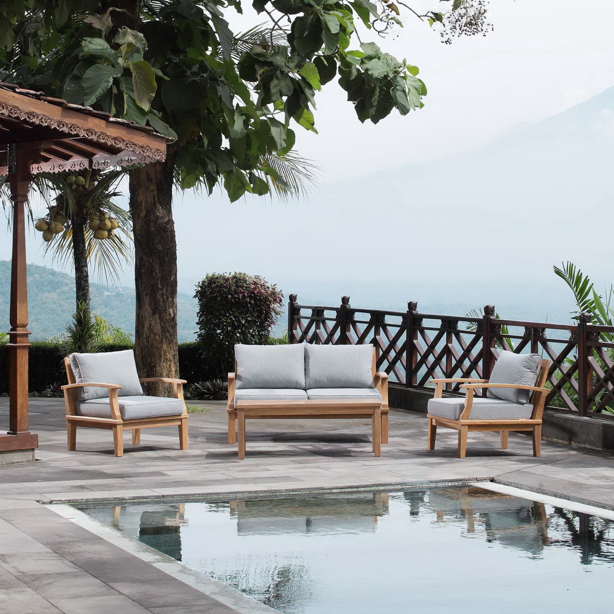 Melba 4 Piece Outdoor Teak Set- 2 Chairs, Loveseat and Coffee Table
