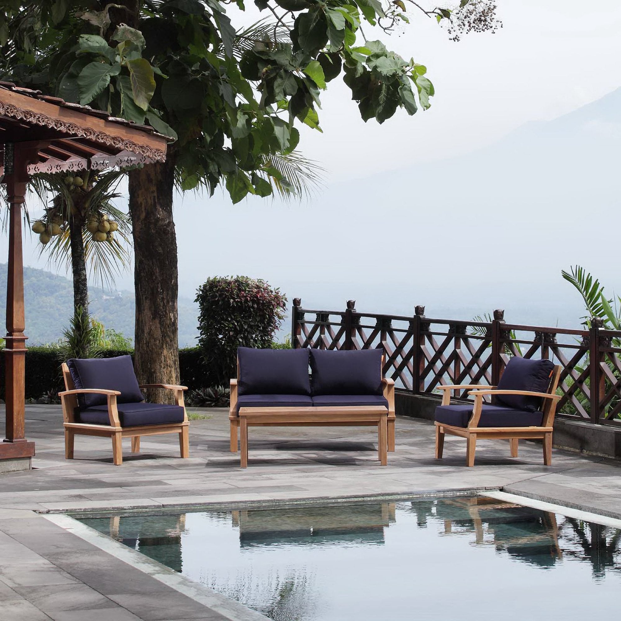 Melba 4 Piece Outdoor Teak Set- 2 Chairs, Loveseat and Coffee Table