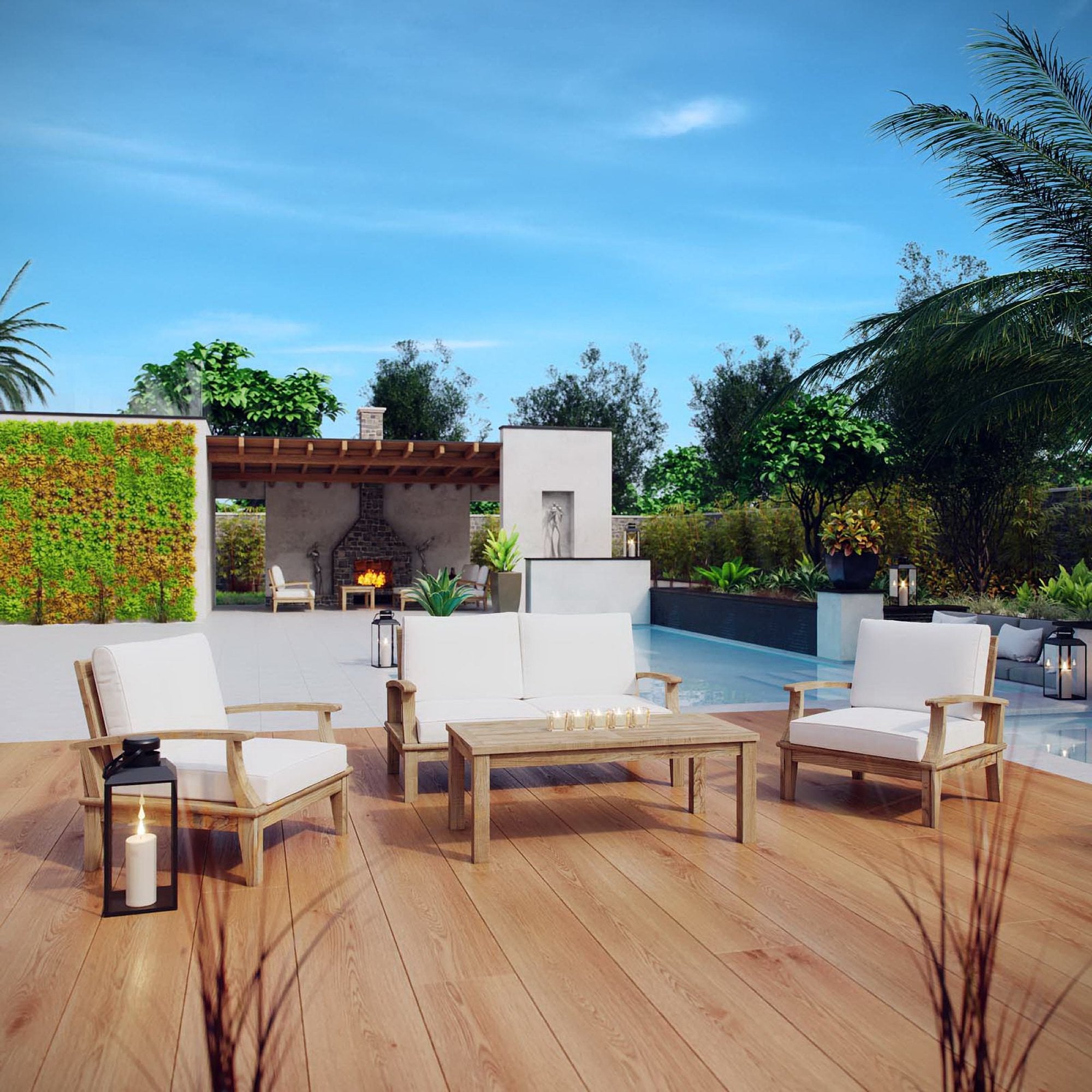Melba 4 Piece Outdoor Teak Set- 2 Chairs, Loveseat and Coffee Table