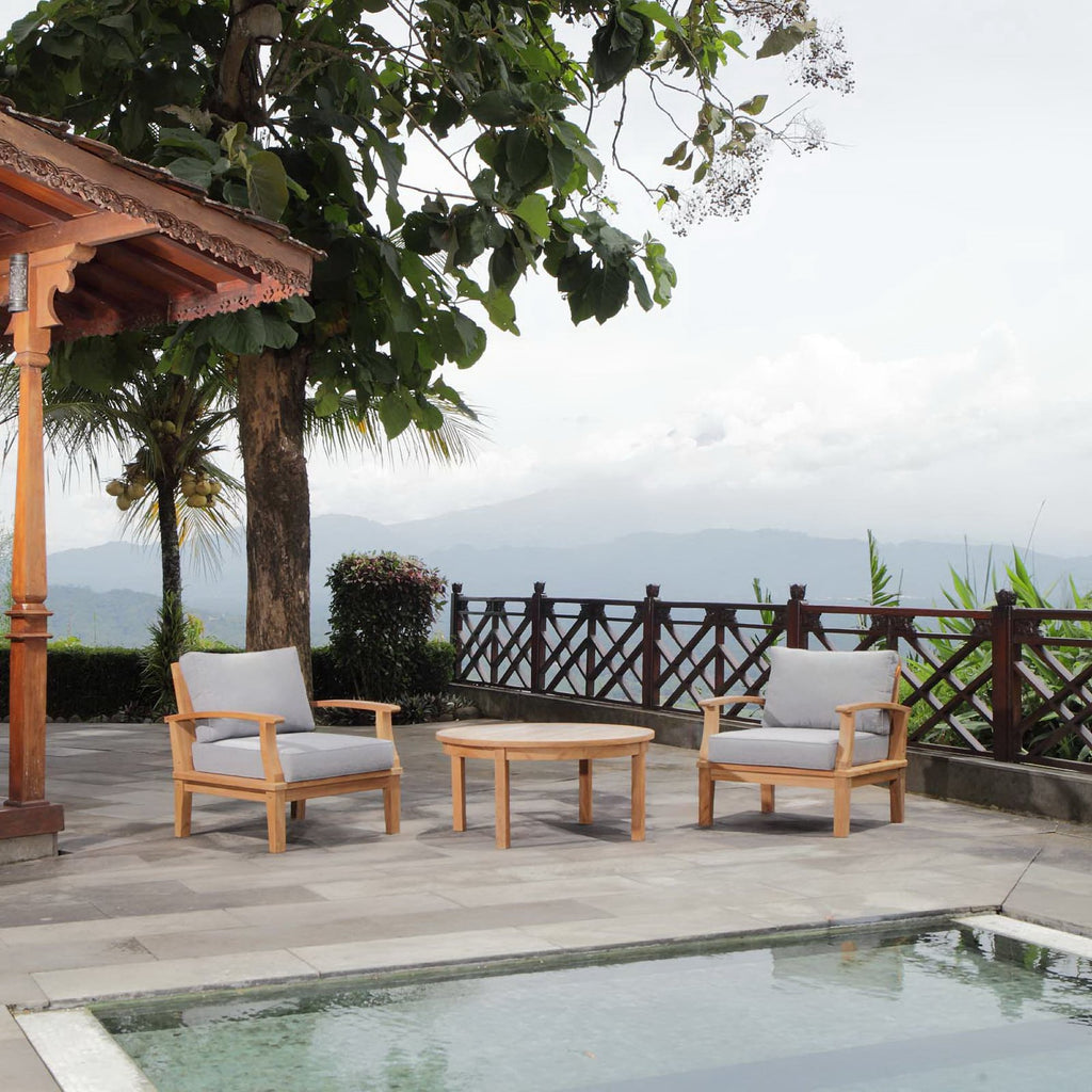 Melba 3 Piece Outdoor Teak Set- 2 Chairs and Round Coffee Table