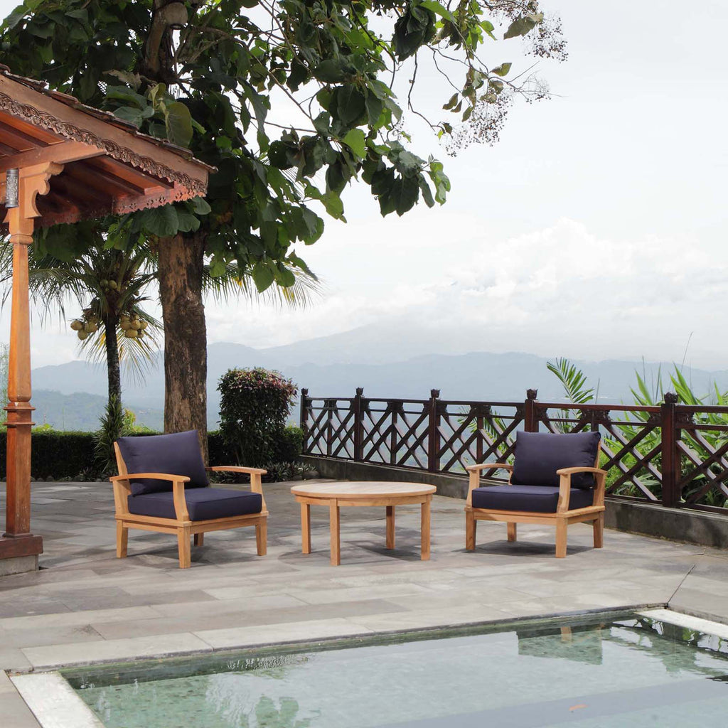 Melba 3 Piece Outdoor Teak Set- 2 Chairs and Round Coffee Table