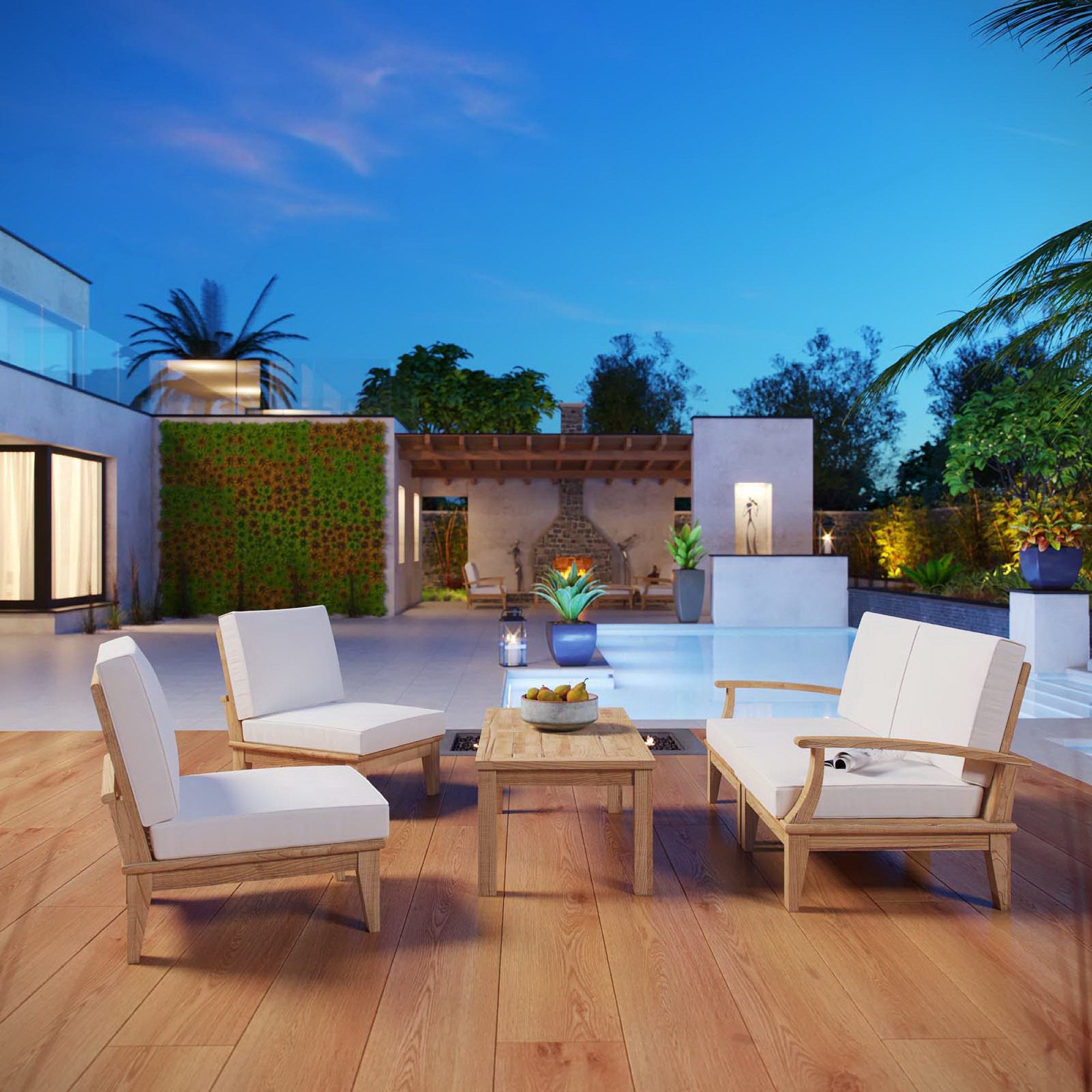 Melba 5 Piece Outdoor Teak Set Loveseat, 2 Chairs and Coffee Table