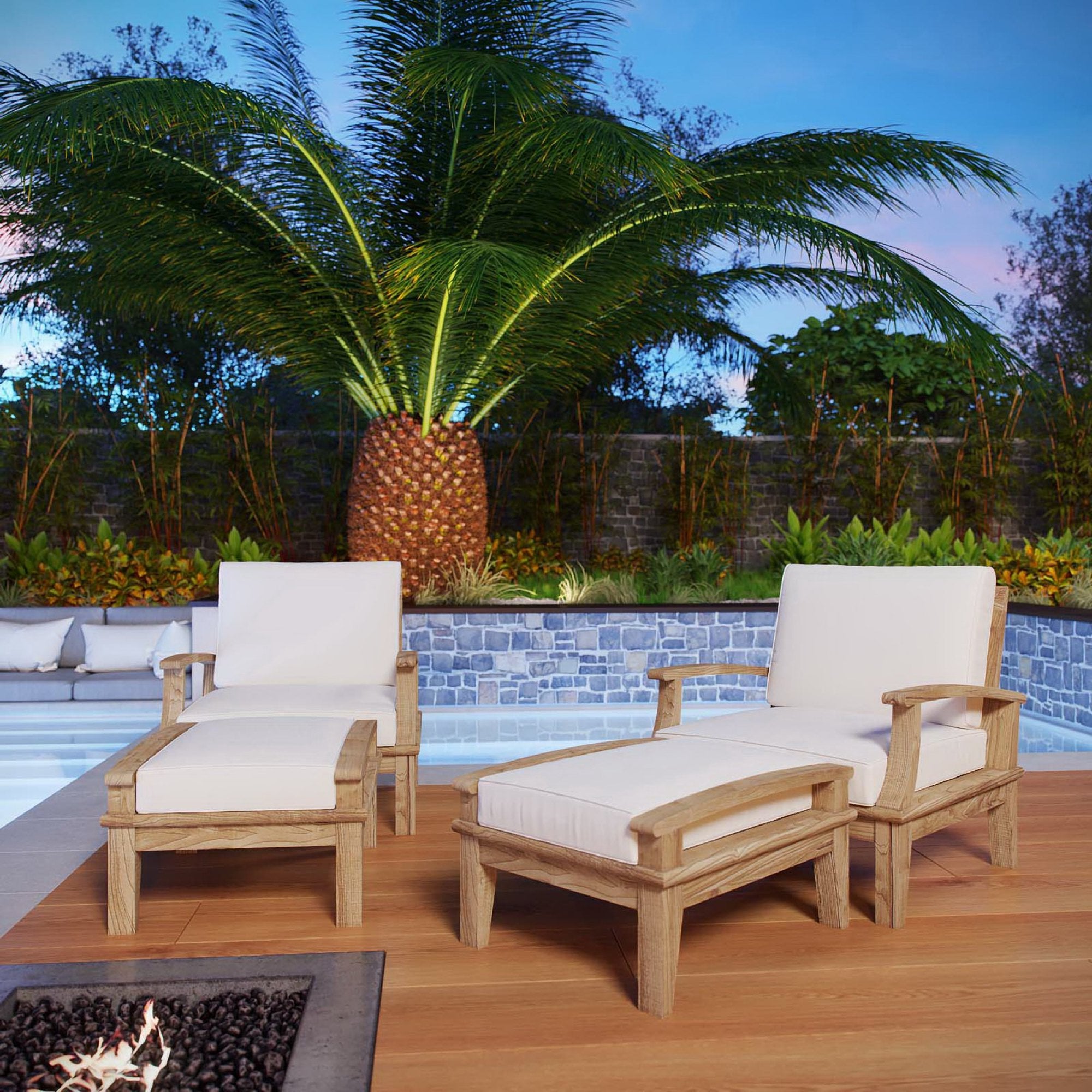 Melba 4 Piece Outdoor Teak Set- 2 Chairs and 2 Ottomans