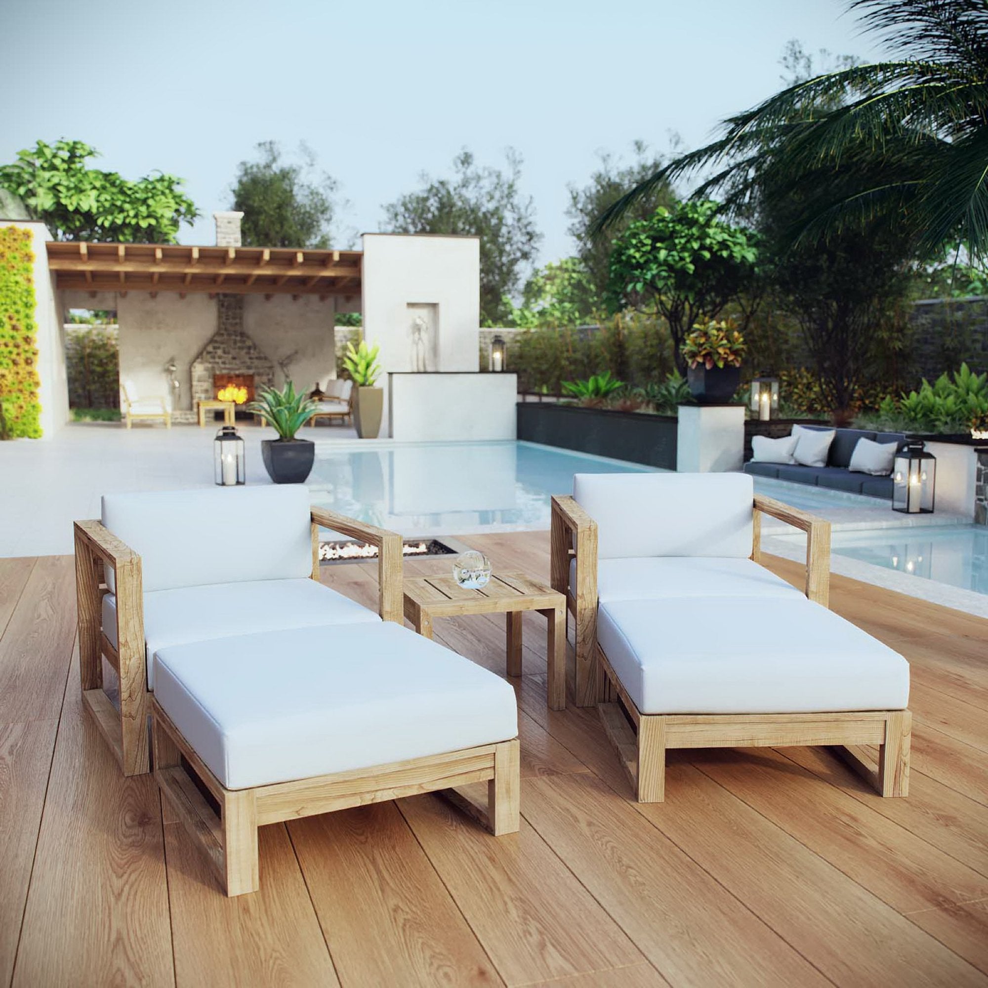 Euland 5 Piece Outdoor Teak Set 2 Chairs, 2 Ottomans and Side Table