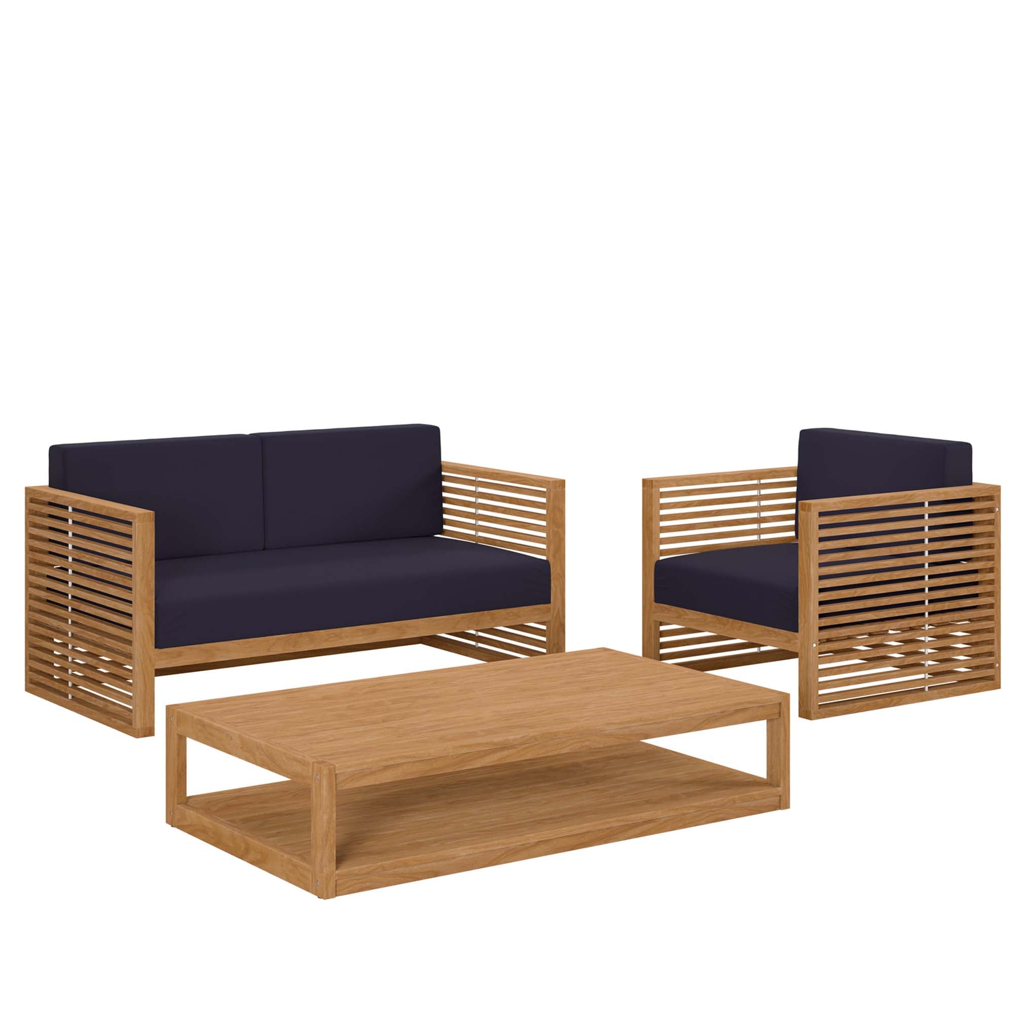Barkley 3 Piece Teak Wood Outdoor Set Loveseat, Chair and Coffee Table