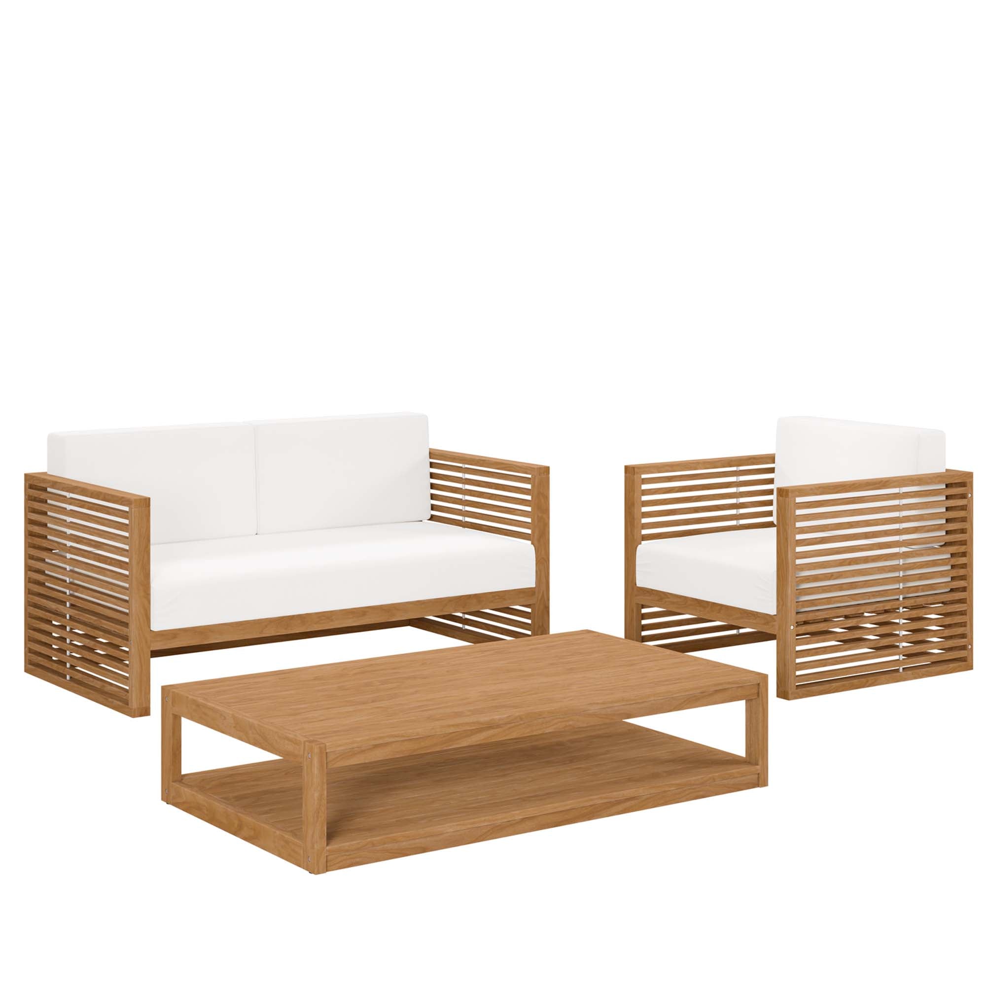 Barkley 3 Piece Teak Wood Outdoor Set Loveseat, Chair and Coffee Table