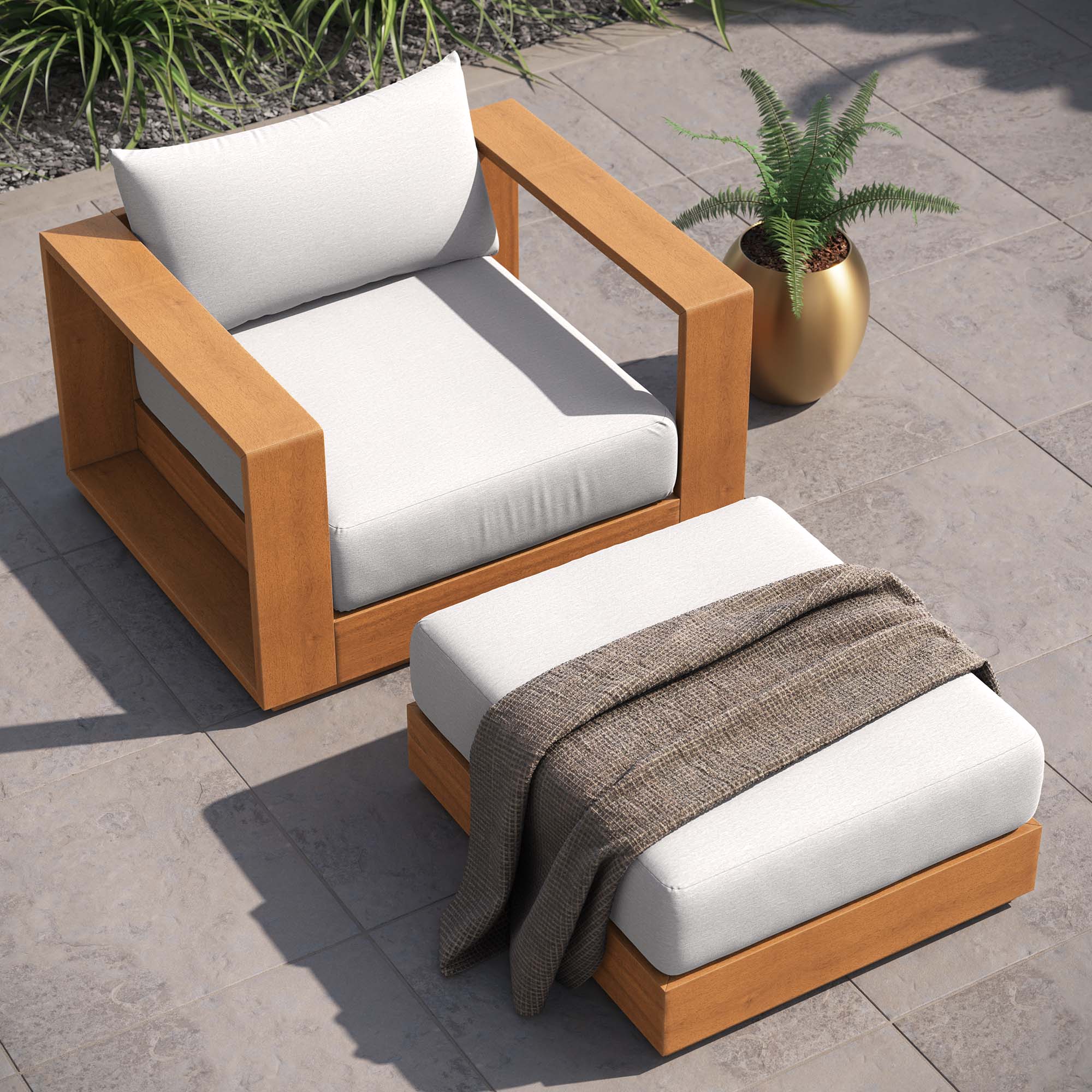 Tulsa 2 Piece Outdoor Acacia Wood Armchair and Ottoman Set