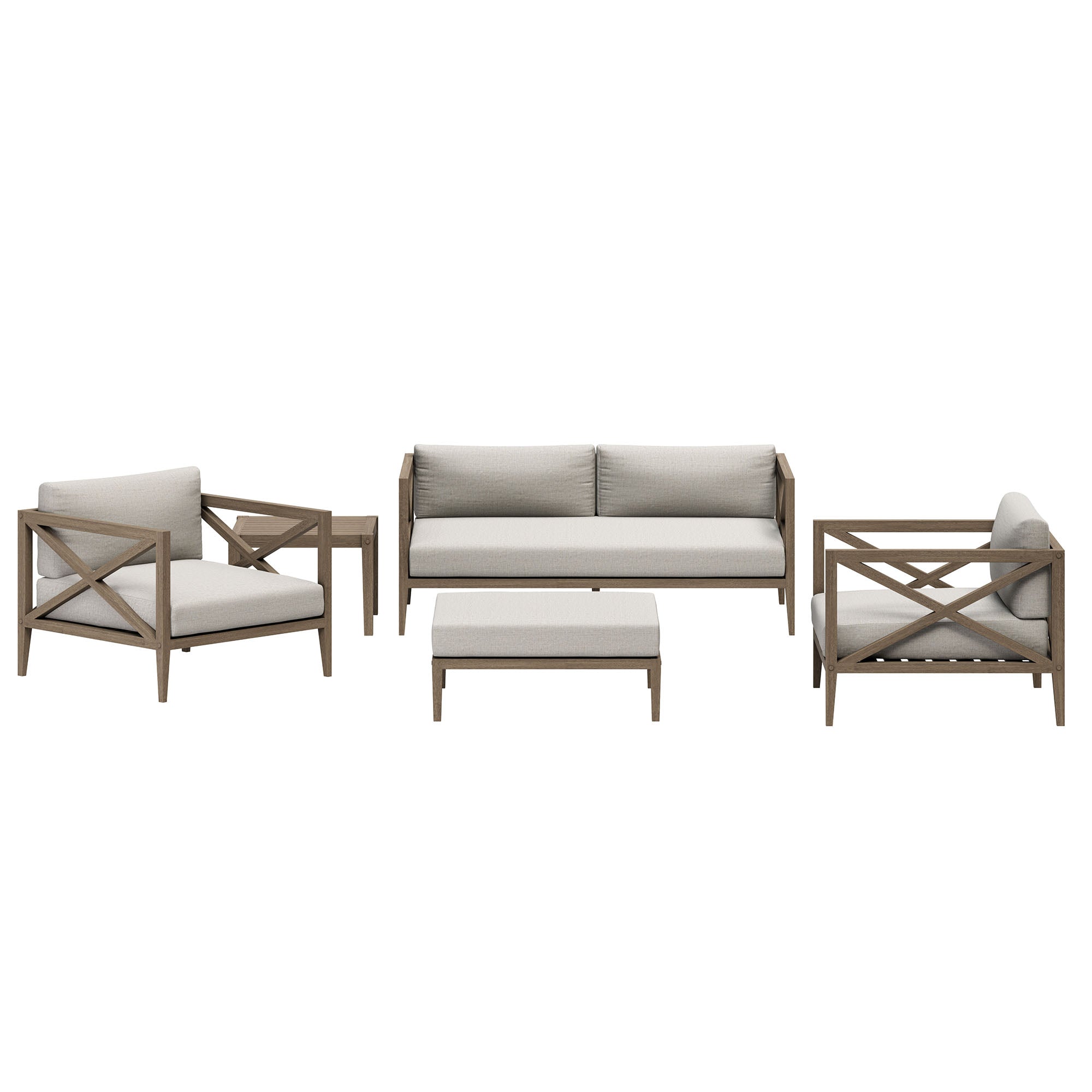 Eastern 5 Piece Outdoor Teak Wood Set- 2 chairs, 1 Sofa, Ottoman