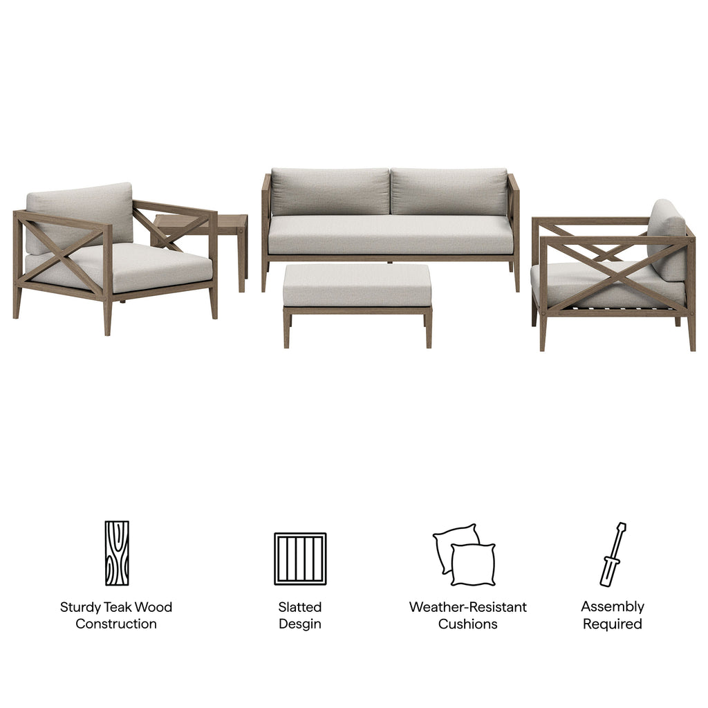 Eastern 5 Piece Outdoor Teak Wood Set- 2 chairs, 1 Sofa, Ottoman