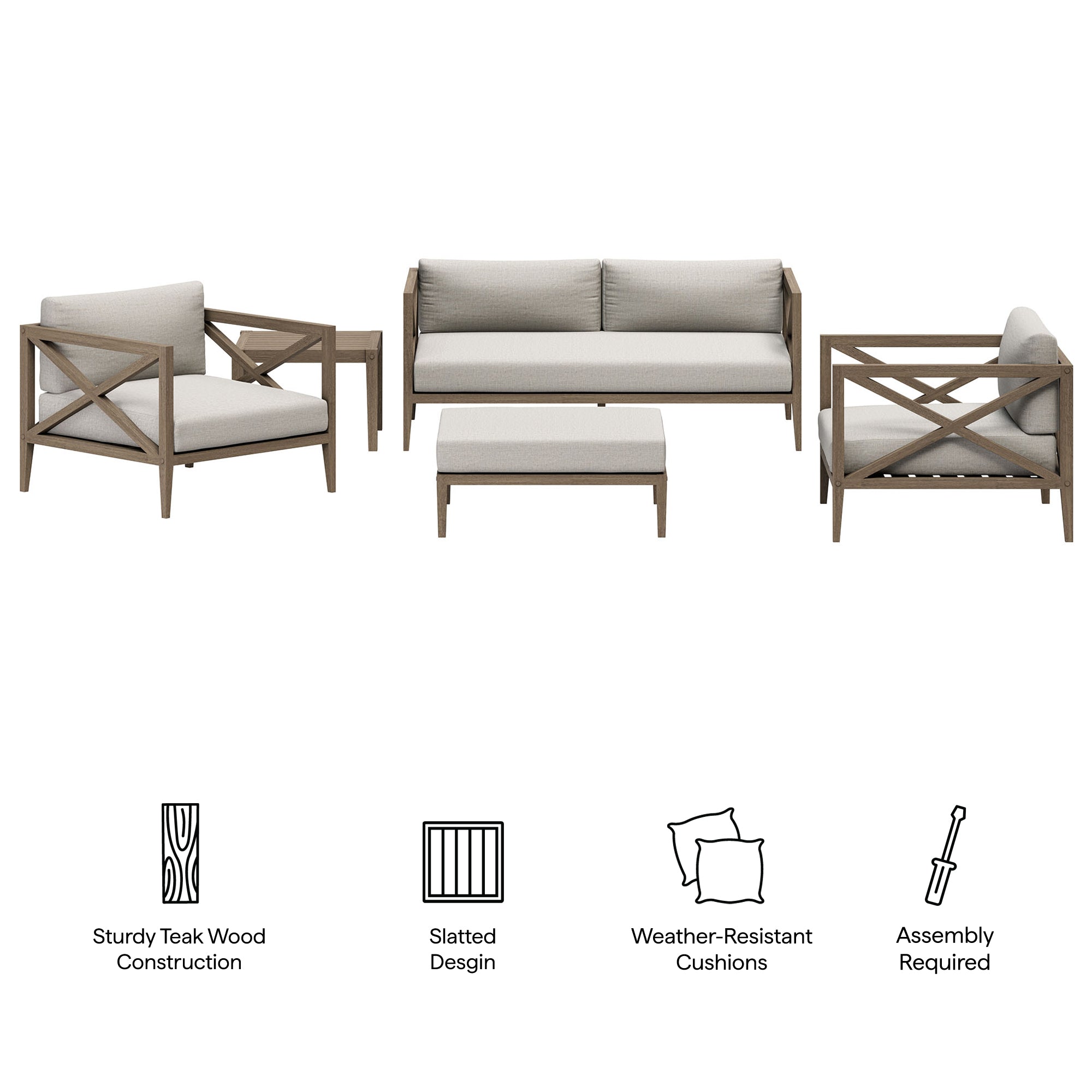 Eastern 5 Piece Outdoor Teak Wood Set- 2 chairs, 1 Sofa, Ottoman