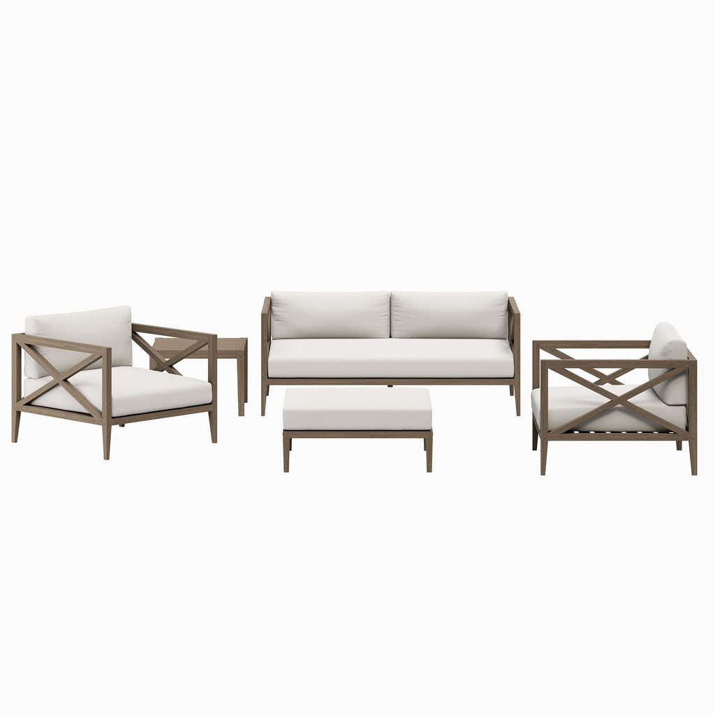 Eastern 5 Piece Outdoor Teak Wood Set- 2 chairs, 1 Sofa, Ottoman