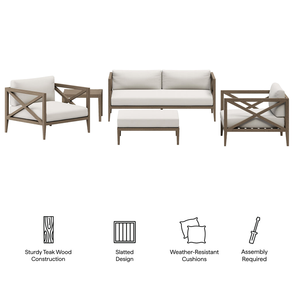 Eastern 5 Piece Outdoor Teak Wood Set- 2 chairs, 1 Sofa, Ottoman