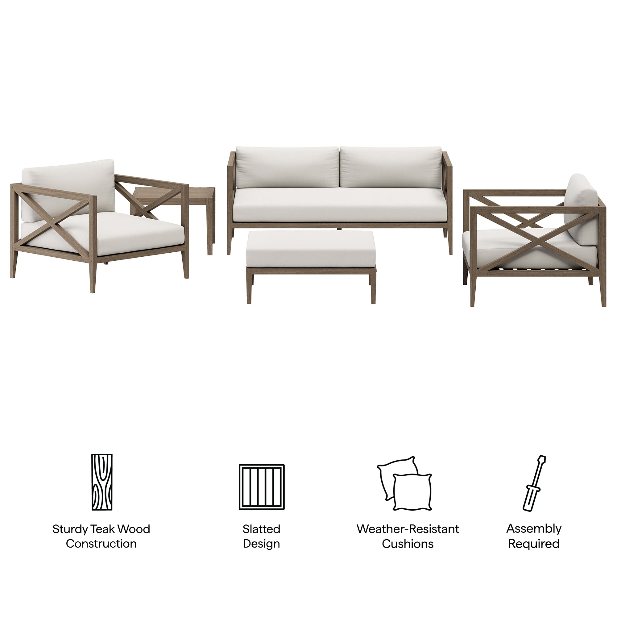 Eastern 5 Piece Outdoor Teak Wood Set- 2 chairs, 1 Sofa, Ottoman