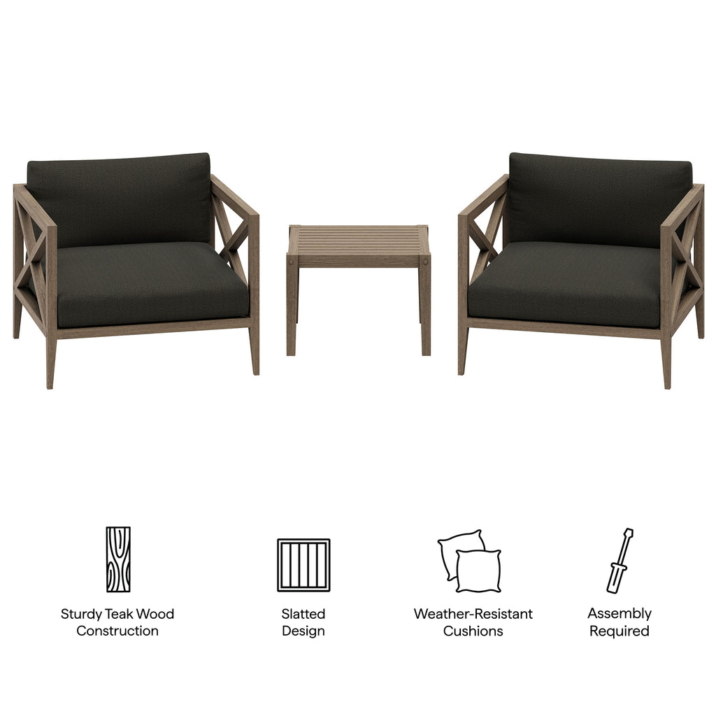 Eastern 3 Piece Outdoor Teak Set with 2 Armchairs and Side Table