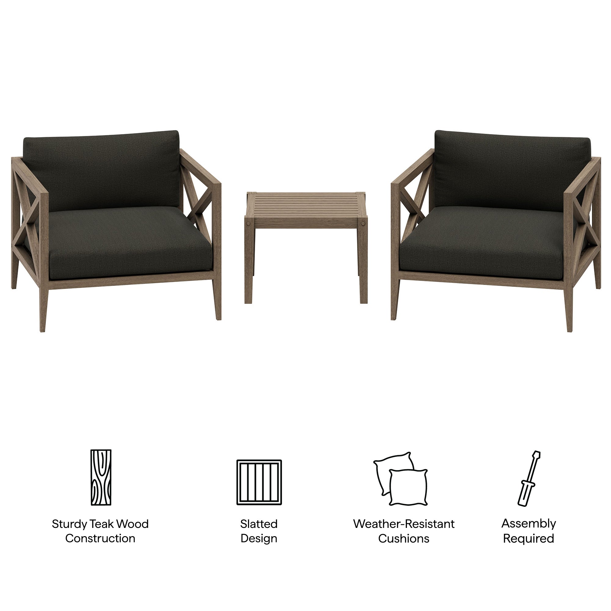 Eastern 3 Piece Outdoor Teak Set with 2 Armchairs and Side Table