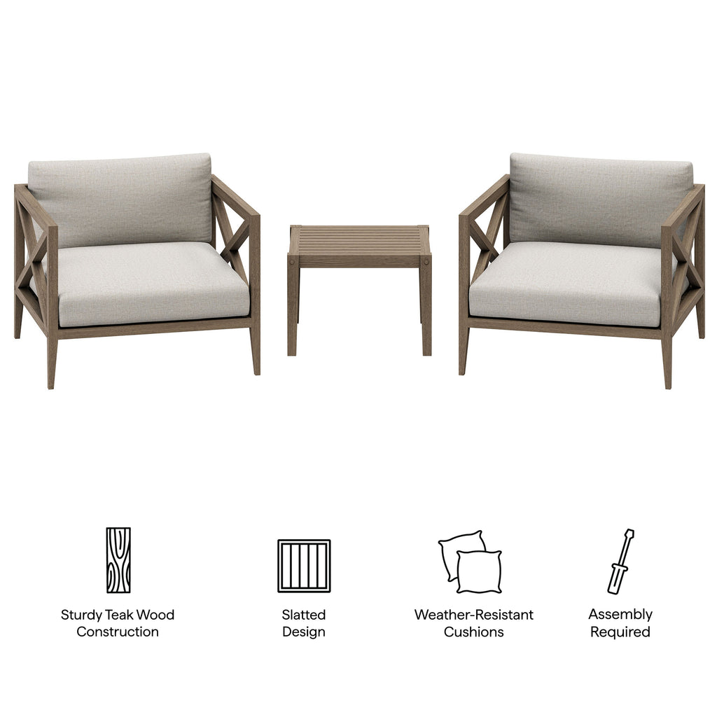 Eastern 3 Piece Outdoor Teak Set with 2 Armchairs and Side Table