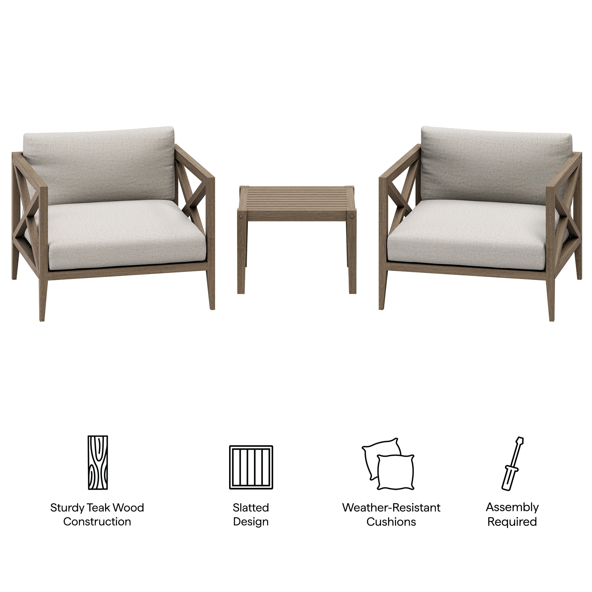 Eastern 3 Piece Outdoor Teak Set with 2 Armchairs and Side Table