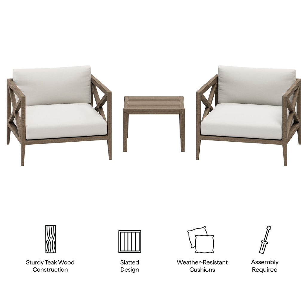 Eastern 3 Piece Outdoor Teak Set with 2 Armchairs and Side Table