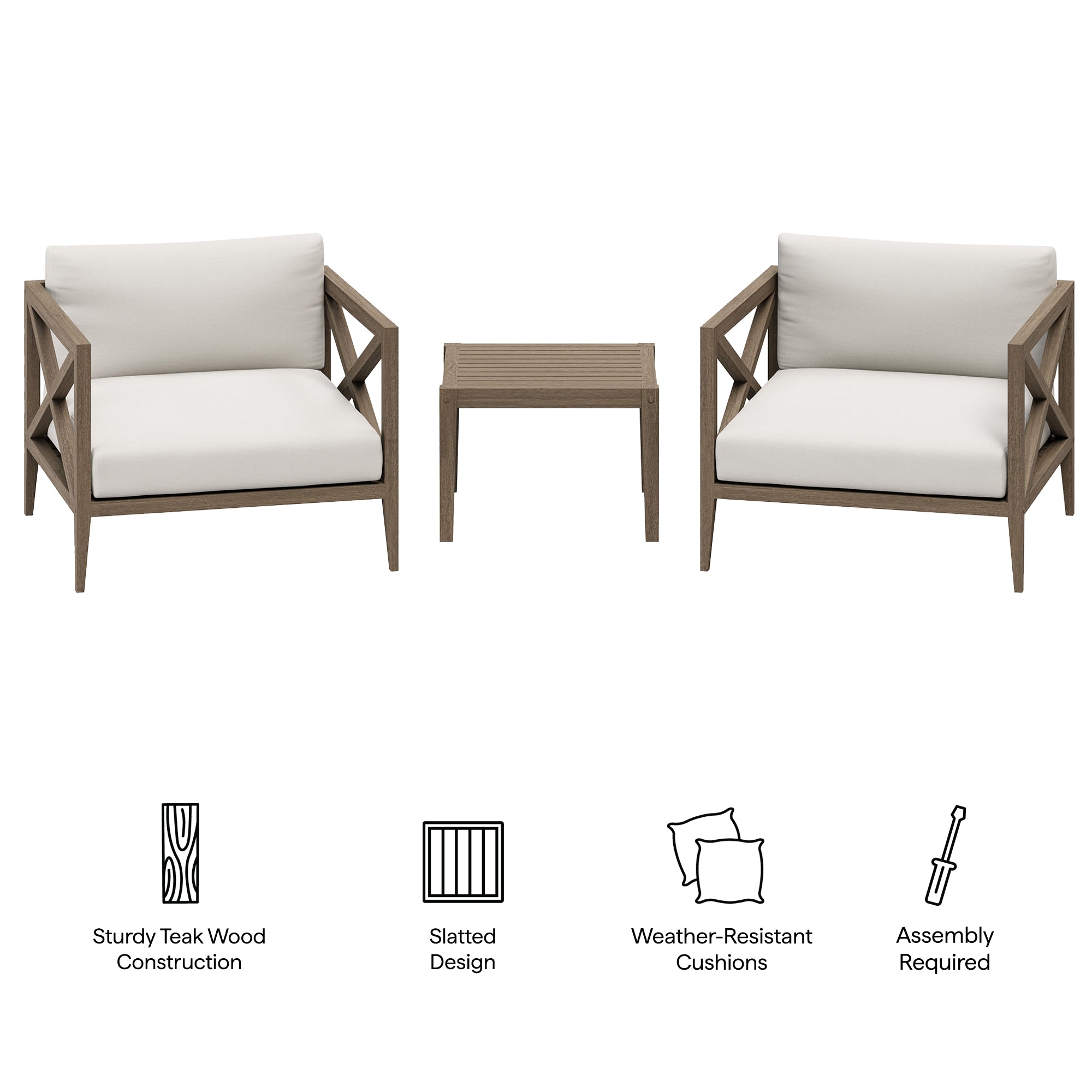 Eastern 3 Piece Outdoor Teak Set with 2 Armchairs and Side Table